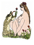 A dog-like lizard-like animal offers a flower to a nude woman. - New Yorker Cartoon Premium Giclee Print by William Steig