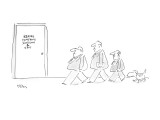 Picture of three men in a line and dog walking behind them as they approac… - New Yorker Cartoon Premium Giclee Print by Dean Vietor