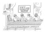 Sign above a group of hardhatted workers making widgets on assembly line r… - New Yorker Cartoon Premium Giclee Print by Mick Stevens