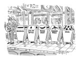 Man on subway platform stands next to trash bins labeled: 'Newspapers,' 'C… - New Yorker Cartoon Premium Giclee Print by Tom Hachtman