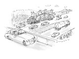 Driver on overpass looking at tractor trailer filled with giant turkeys re… - New Yorker Cartoon Premium Giclee Print by Bill Woodman