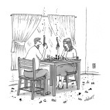 Couple holding revolvers while playing chess, with bits of chess pieces on… - New Yorker Cartoon Premium Giclee Print by Tom Cheney