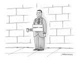 Unshaven man on street, in suit with tin cup in hand, and sign around his … - New Yorker Cartoon Premium Giclee Print by Mick Stevens