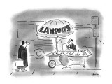 Lawyer sits at an outdoor desk with a large umbrella that says "Lawsuits." - New Yorker Cartoon Premium Giclee Print by Arnie Levin
