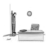 Businessman hanging, from his collar, on the coat rack in his office. - New Yorker Cartoon Premium Giclee Print by Tom Cheney