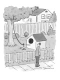 Man walks by a large dog house sized, bird house with a leash leading up i… - New Yorker Cartoon Premium Giclee Print by Danny Shanahan
