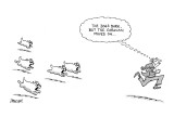 Man in suit runs from a pack of barking dogs. He thinks to himself, 'The D… - New Yorker Cartoon Premium Giclee Print by Jack Ziegler