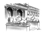 The two lion statues on the steps of the New York Public Library are holdi… - New Yorker Cartoon Premium Giclee Print by Ed Fisher
