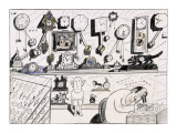 Clock maker working on clock. Various clocks on shelf and watches in displ… - New Yorker Cartoon Premium Giclee Print by Saul Steinberg