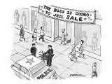 Man being taken into police custody in front of store with banner that rea… - New Yorker Cartoon Premium Giclee Print by C. Covert Darbyshire