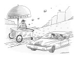 Couple in car drive by roadside food cart with sign that reads, 'Roadkill.… - New Yorker Cartoon Premium Giclee Print by Mick Stevens