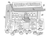 A country stand with the title, "Autumn Pleasures."  Four signs read, "Gen…" - New Yorker Cartoon Premium Giclee Print by Gahan Wilson