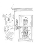 Bird perched on bird feeder watches people eating out of large bird feeder… - New Yorker Cartoon Premium Giclee Print by Michael Crawford