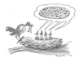Mother bird feeding worm to four chicks in nest who are all yelling for pi… - New Yorker Cartoon Premium Giclee Print by Mike Twohy