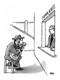 Blues musician playing guitar and singing to employee at 'Complaints' depa… - New Yorker Cartoon Premium Giclee Print by John Jonik