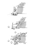3 drawings of a dog. He is hit by an orange from a market display, barks a… - New Yorker Cartoon Premium Giclee Print by George Booth
