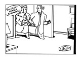 New parents entering sparse apartment holding baby, whose thought balloon … - New Yorker Cartoon Premium Giclee Print by Bruce Eric Kaplan