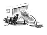 A therapist's couch, tilts up as the he presses a button, and slides a pat… - New Yorker Cartoon Premium Giclee Print by Donald Reilly