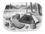A camper inflates his mattress and inflatable house furniture. - New Yorker Cartoon Premium Giclee Print by Harry Bliss