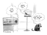 Fish in aquarium thinks, 'Fish got to swim'; bird in cage thinks, 'Birds g… - New Yorker Cartoon Premium Giclee Print by Mort Gerberg