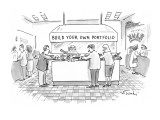 In a bank or another financial institution, people with salad tongs are ga… - New Yorker Cartoon Premium Giclee Print by Mike Twohy