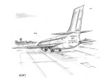 Jet airliner on runway with 'How's my Flying?  800 - 389 - 7499' painted b… - New Yorker Cartoon Premium Giclee Print by Christopher Weyant