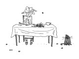 An elderly woman sitting at the dinner table using her spoon to catapault … - New Yorker Cartoon Premium Giclee Print by George Booth