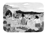 Two cavemen carry a pair of olives towards a giant martini glass outside t… - New Yorker Cartoon Premium Giclee Print by Danny Shanahan