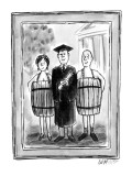 Photograph of a college graduate in cap and gown holding a diploma.  He is… - New Yorker Cartoon Premium Giclee Print by Warren Miller
