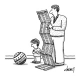 Man and young son are reading lengthy instructions on how to use a beach b… - New Yorker Cartoon Premium Giclee Print by Tom Cheney