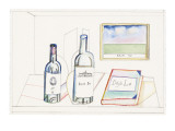 Bottles labeled, ST 78, Deja Bu, and book labeled Deja Lu, on desk with pi… - New Yorker Cartoon Premium Giclee Print by Saul Steinberg