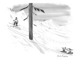Two snowboarders ski around a tree as a skier looks on. - New Yorker Cartoon Premium Giclee Print by Mort Gerberg