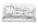 A series of stores on a street have descending levels of used goods:  'Ant… - New Yorker Cartoon Premium Giclee Print by Roz Chast