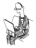 A man sits working on a laptop computer that looks like an old-fashioned b… - New Yorker Cartoon Premium Giclee Print by Tom Hachtman