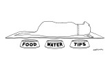 Dog lying down with his back facing three dog bowls labeled, 'Food', 'Wate… - New Yorker Cartoon Premium Giclee Print by Alex Gregory