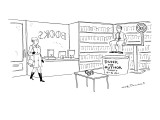 Man suspended over vat of water in bookstore. Sign on water tank reads, 'D… - New Yorker Cartoon Premium Giclee Print by Nick Downes