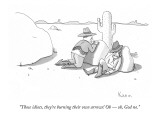 "Those idiots, they're burning their own arrows! Oh — oh, God no." - New Yorker Cartoon Premium Giclee Print by Zachary Kanin