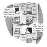 Two dogs in different apartment windows barking at each other, "You shut u…" - New Yorker Cartoon Premium Giclee Print by Benita Epstein