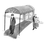 Man holding sign, 'Help  Pay my Mini-bar Bill', in front of hotel. - New Yorker Cartoon Premium Giclee Print by Marshall Hopkins