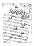 Men in tuxedos crawl under barbed wire arranged like a musical score. - New Yorker Cartoon Premium Giclee Print by John O'brien