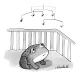 A baby frog gazes up at a mobile with flies attached. - New Yorker Cartoon Premium Giclee Print by Marshall Hopkins