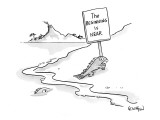 Evolving fish carrying sign that reads "The beginning is near." - New Yorker Cartoon Premium Giclee Print by Robert Leighton