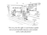 "I'm sorry, but this coffee is weak-bodied, unfolds into an unremarkable c…" - New Yorker Cartoon Premium Giclee Print by Nick Downes