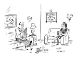 Couple in living room with a sign on the wall that reads, 'God Bless Our A… - New Yorker Cartoon Premium Giclee Print by David Sipress