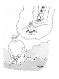 Man clipping hedges thinking about shoveling snow thinking about clipping … - New Yorker Cartoon Premium Giclee Print by Jack Ziegler