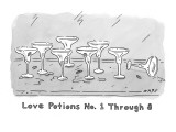 "Love Potions No. 1 Thru 8". Eight empty margarita glasses. - New Yorker Cartoon Premium Giclee Print by Kim Warp