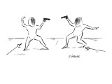 Two fencers have laid down their swords and are prepared to duel with guns… - New Yorker Cartoon Premium Giclee Print by David Sipress