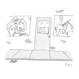 Exterior of building with "Gone Crazy" sign in door.  Windows on either si… - New Yorker Cartoon Premium Giclee Print by Zachary Kanin