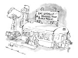Sign on top of diner says "Eat locally - all roadkill from 12 mile radius.…" - New Yorker Cartoon Premium Giclee Print by Sidney Harris