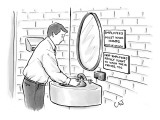 Man washing his hands in restroom. Signs read: "Employees must wash hands"…" - New Yorker Cartoon Premium Giclee Print by Carolita Johnson